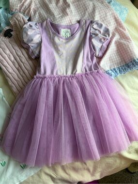 Lilac Tulle Puff-Sleeve Kids Dress with Polka Dot Bodice